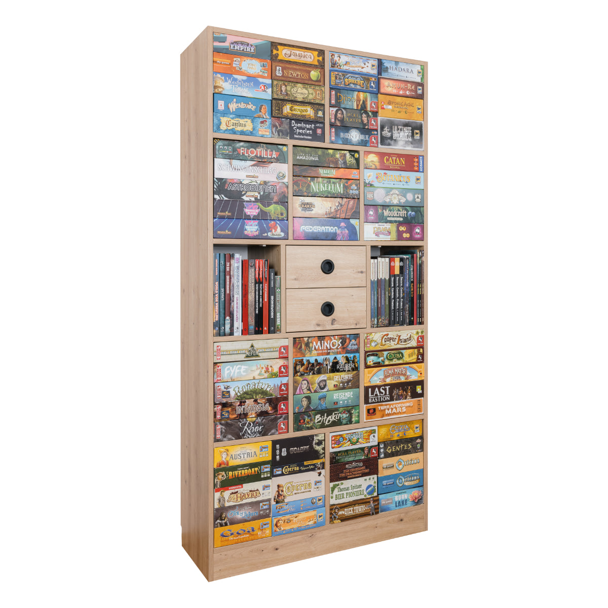 Brettspielregal EXAKT S High5 mit Schubkästen/Türen horizontal (Asteiche) [inkl. Lieferung & Aufbau]
