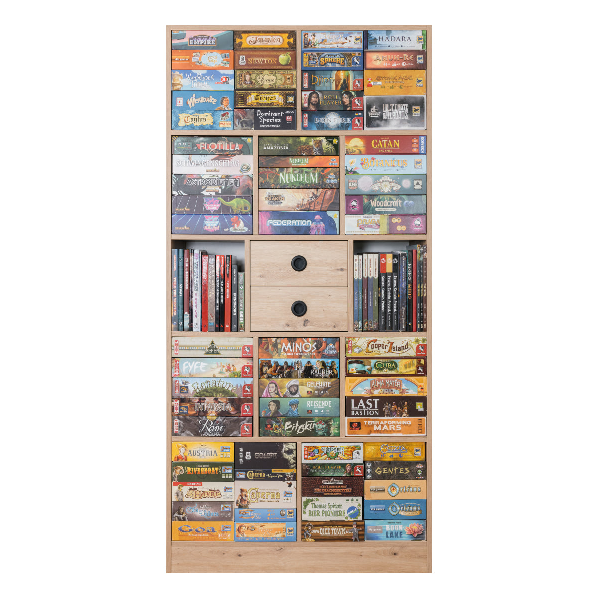 Brettspielregal EXAKT S High5 mit Schubkästen/Türen horizontal (Asteiche) [inkl. Lieferung & Aufbau]