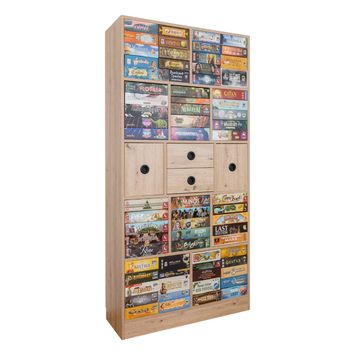 Brettspielregal EXAKT S High5 mit Schubkästen/Türen horizontal (Asteiche) [inkl. Lieferung & Aufbau]