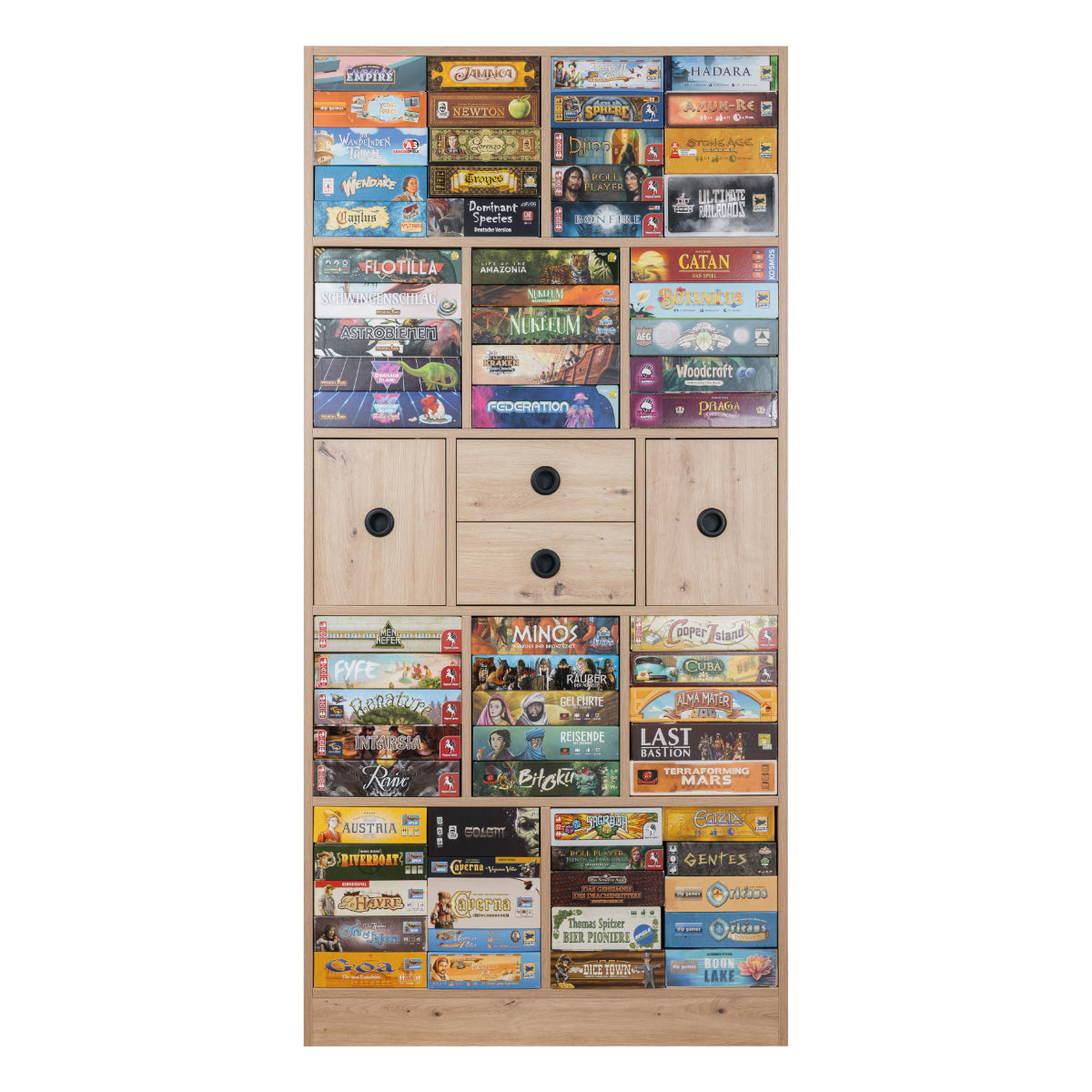 Brettspielregal EXAKT S High5 mit Schubkästen/Türen horizontal (Asteiche) [inkl. Lieferung & Aufbau]